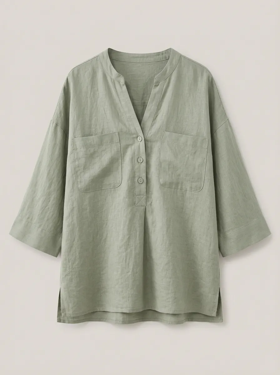 Women's Sage Green Linen Blend V-Neck Button Pocket Top