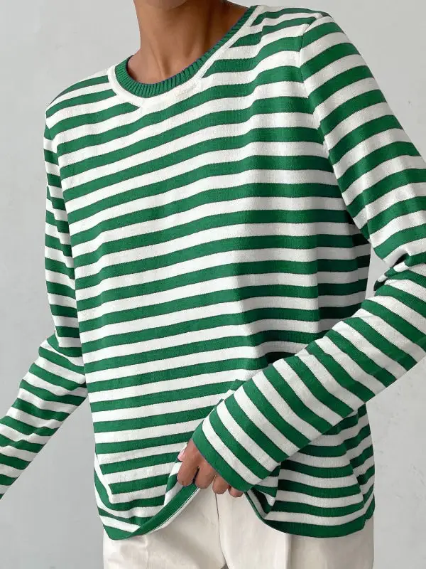 Striped Paneled Round Neck Long Sleeve Relaxed Fit Sweater