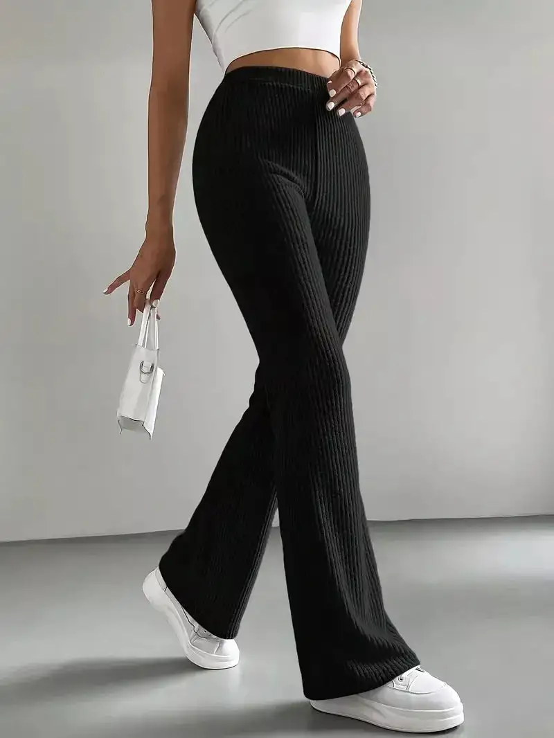 Classic Ribbed Knit High Waist Flare Pants