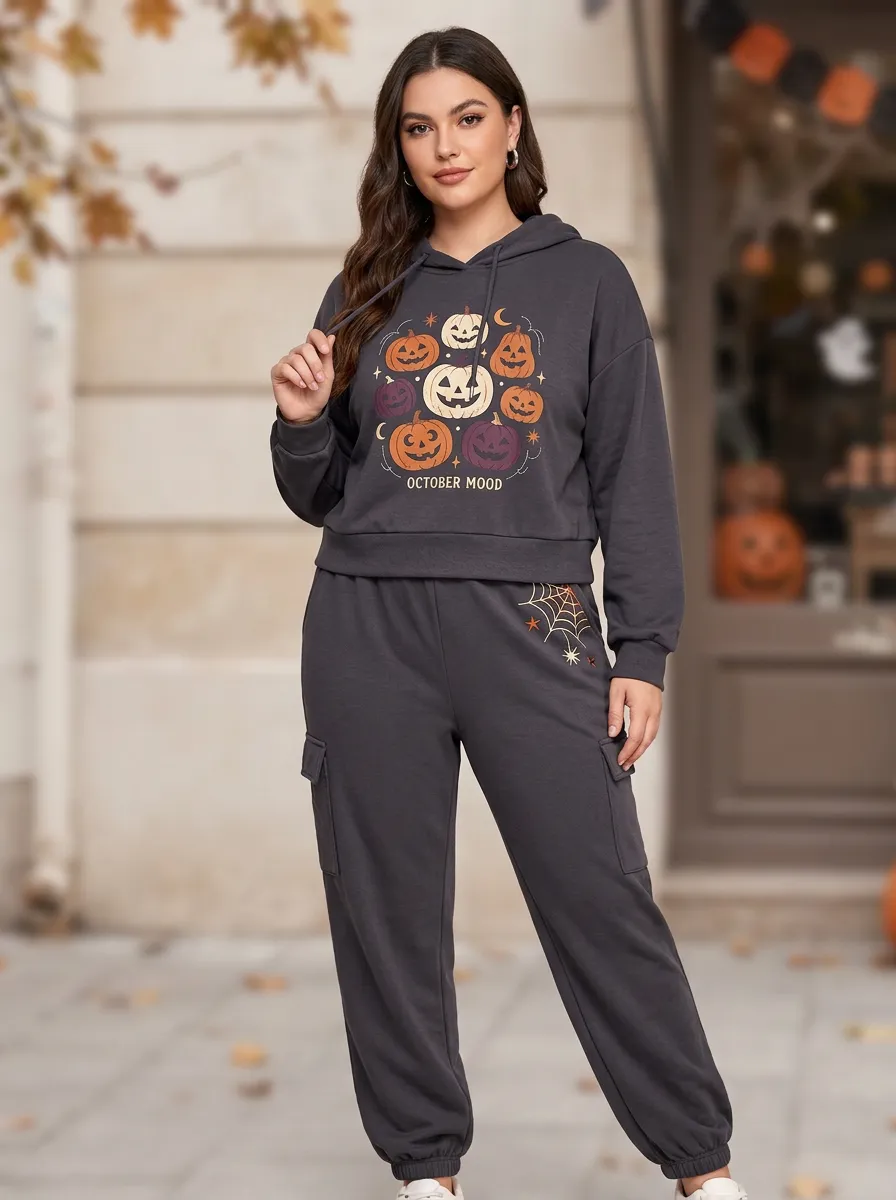 Women's Halloween Pumpkin October Mood Printed Jogger Set