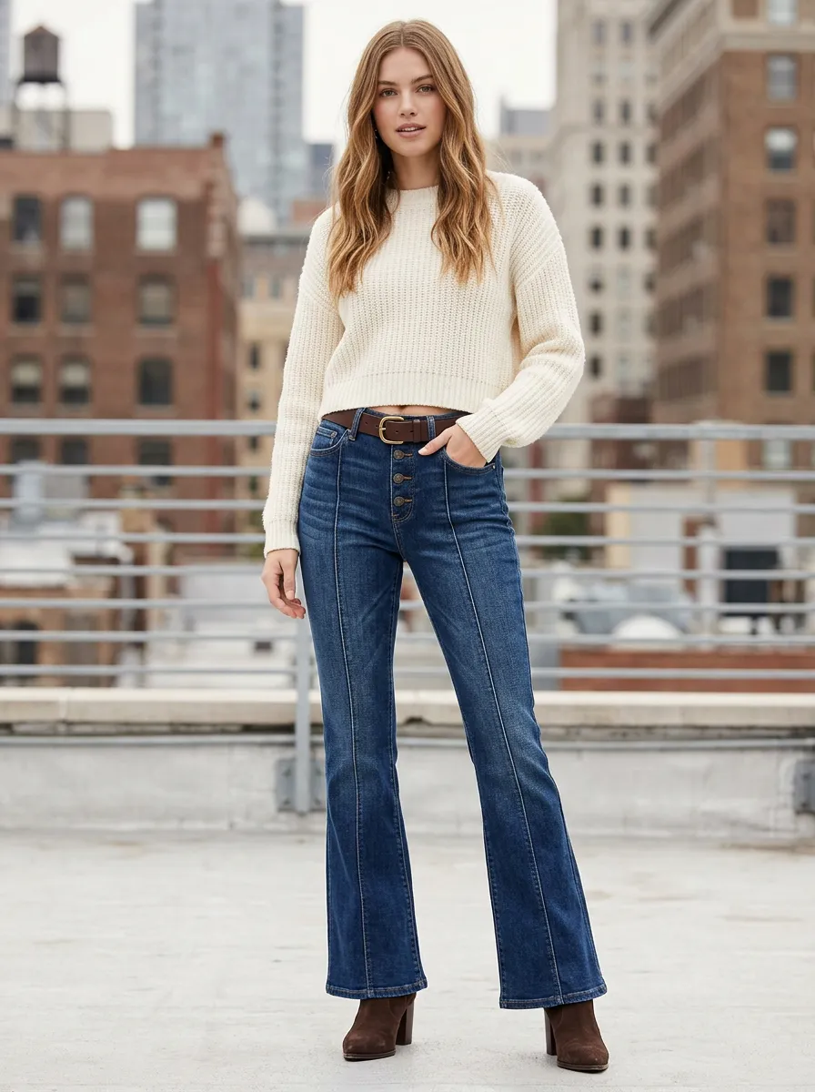 Women's Vintage Style High-waisted Button-fly Flared Denim Pants