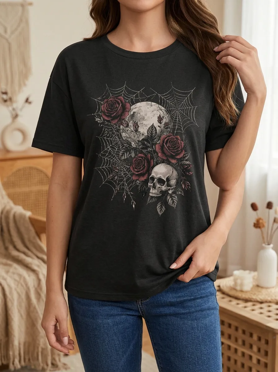 Women's Halloween Gothic Skull Rose Moon Spiderweb Crew Neck Graphic T-Shirt