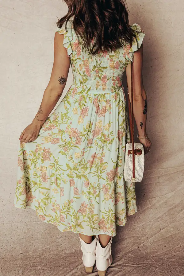 Smocked Bodice Ruffled Sleeveless Tiered Floral Maxi Dress