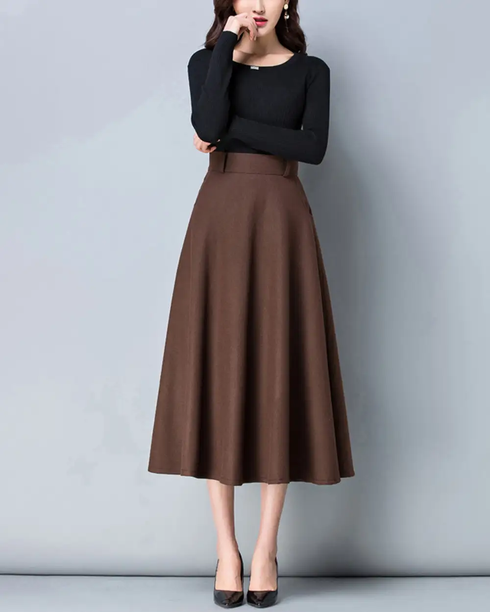 Belted Wool Flared Maxi Skirt