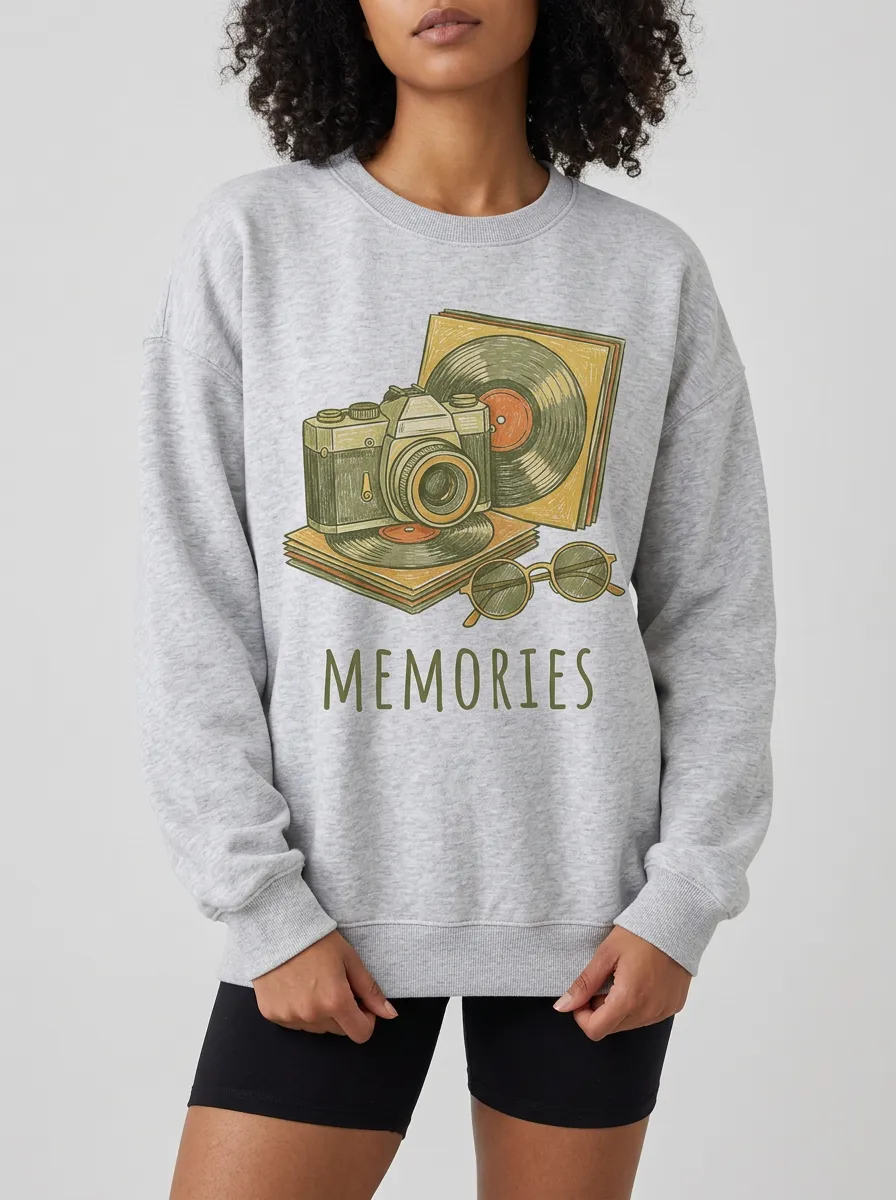 Women's Retro Memories Camera Vinyl Record Printed Sweatshirt