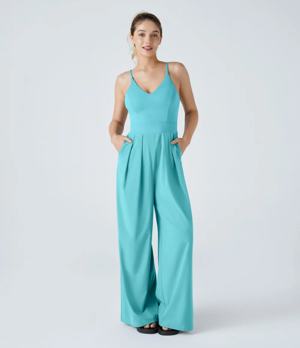 Breezeful Backless Side Invisible Zipper Pocket Wide Leg Quick Dry Resort Slip Jumpsuit