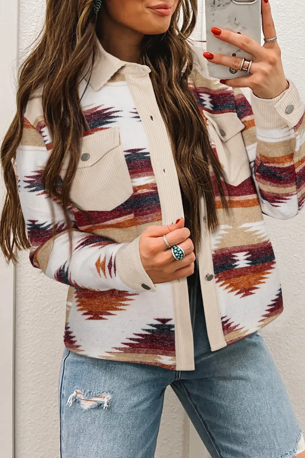 Corduroy Striped Aztec-Pattern Patchwork Jacket