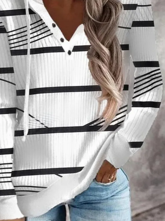 Women Striped Casual Color Block Basic Button Drawstring Hoodie