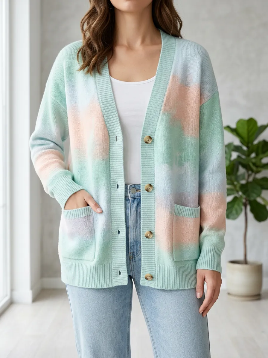 Women's Pastel Tie-Dye Pattern Printed Button Front Classic Weekend Cardigan