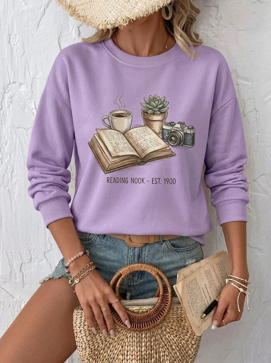 Women's Book Lover Reading Nook Coffee Camera Printed Sweatshirt