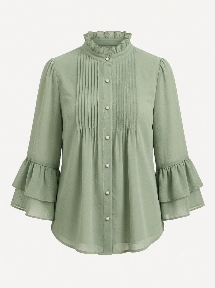 Women's Sage Green Swiss Dot Ruffle Sleeve Pleated Button-Down Blouse