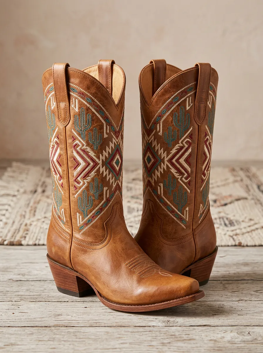Prairie Cactus Geometric Embroidered Ranchwear Edit Unisex Western Cowboy Boots