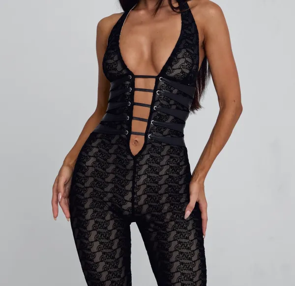 Black Burnout Mesh Halter Jumpsuit