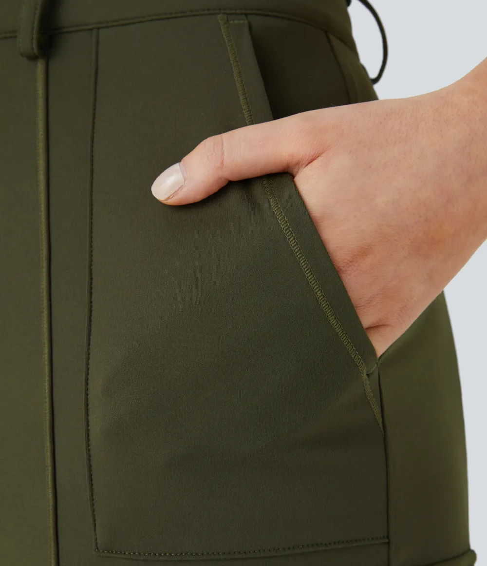 High Waisted Button Zipper Multiple Pockets Solid Skinny Cargo Pants