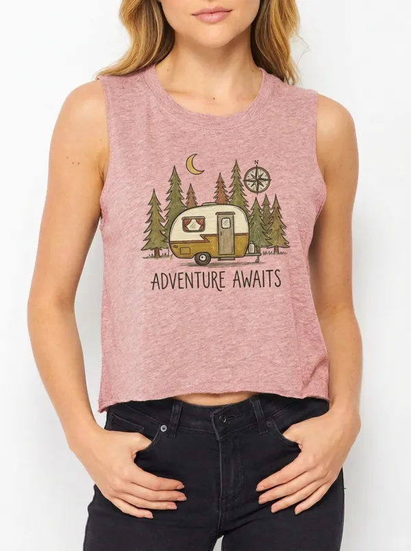 Women's Camping Adventure Awaits Camper Forest Graphic Tank Top