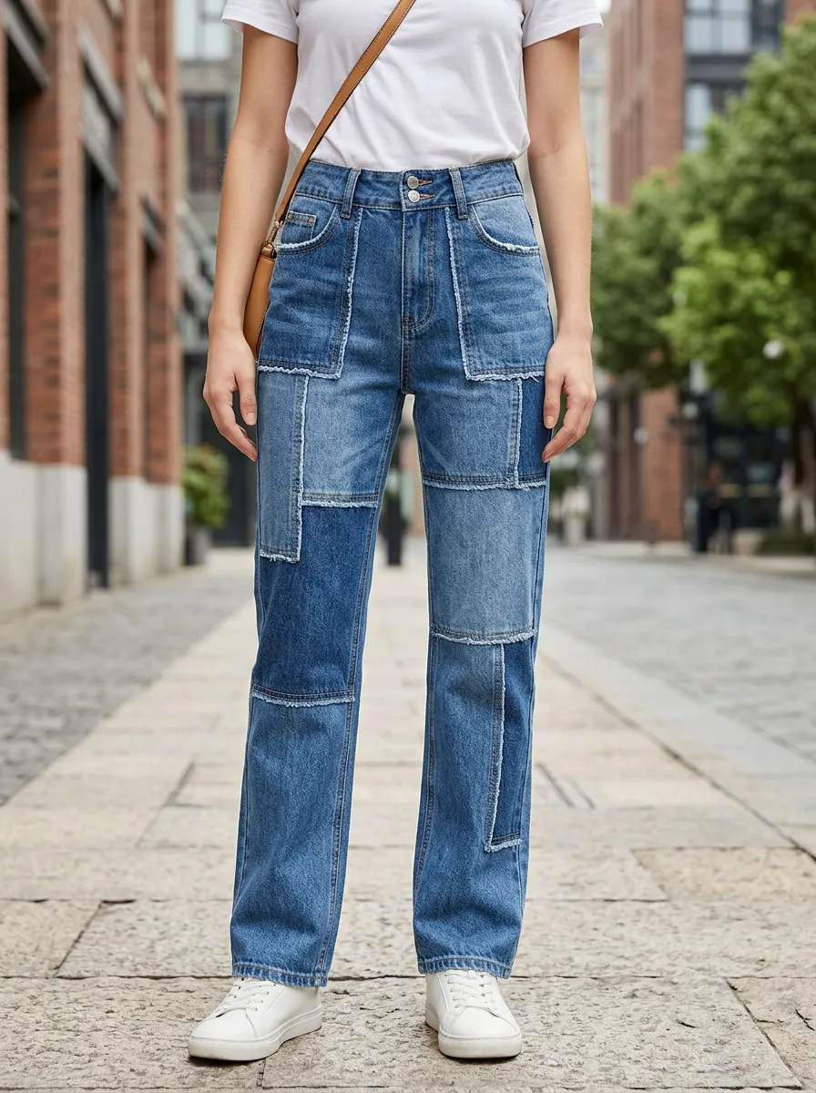 Women's Casual Fashion Patchwork Denim Printed Pants