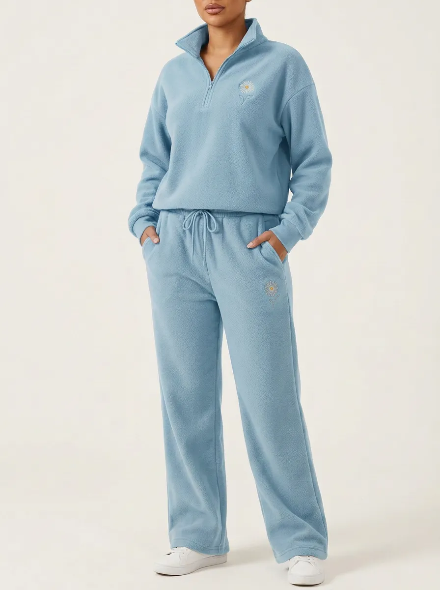 Women's Drop-Shoulder Floral Embroidered Quarter-Zip Lounge Set