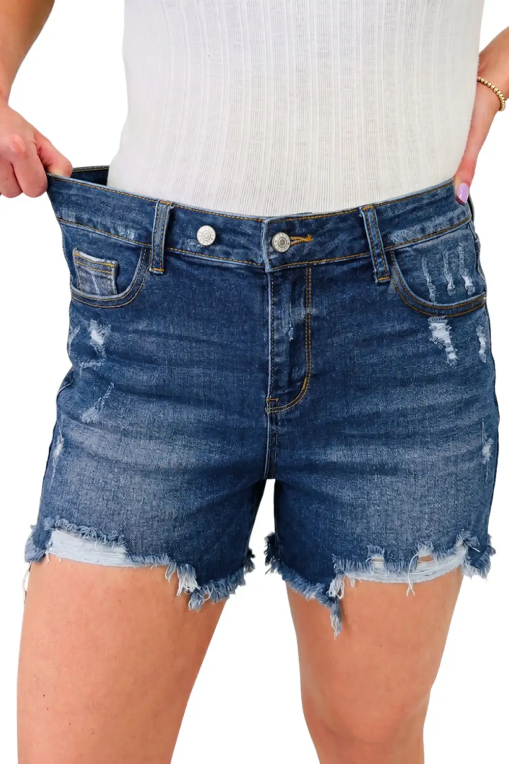 Everyday Asymmetric Raw Hem Distressed Whiskery Denim Shorts