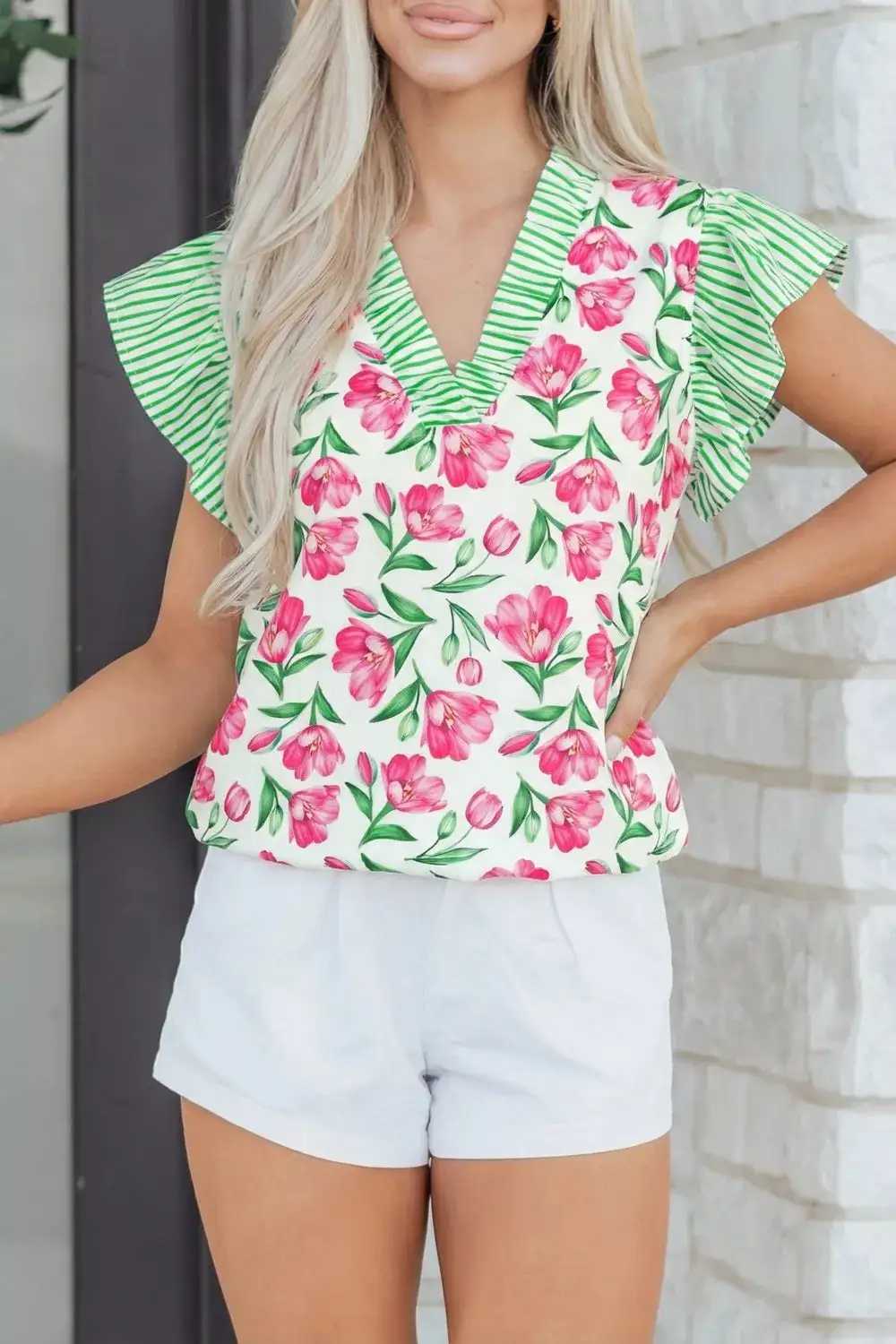 Floral Print Striped Ruffle Trim V-Neck Blouse