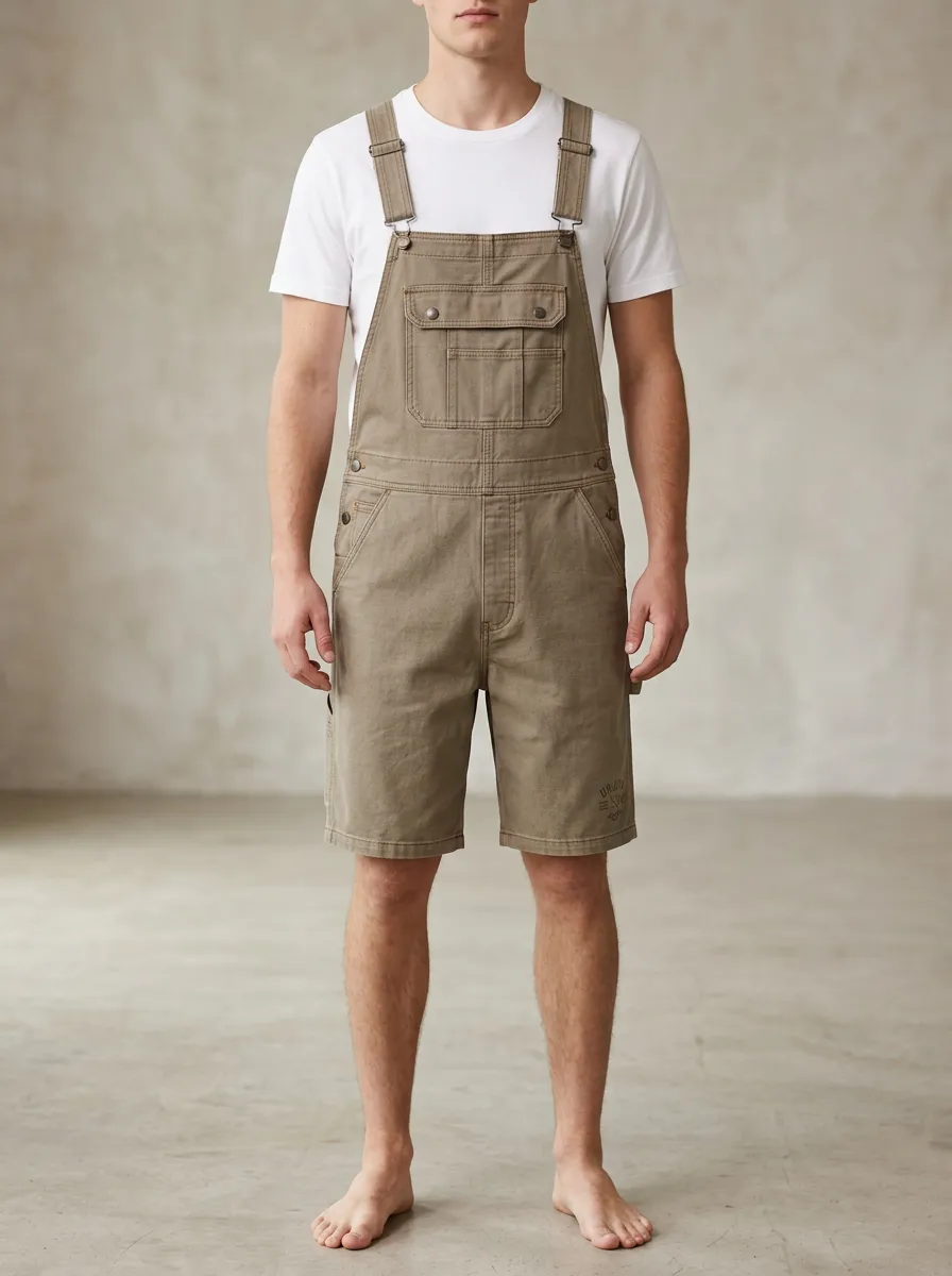 Men's Casual Khaki Cotton Bib Overalls Shorts