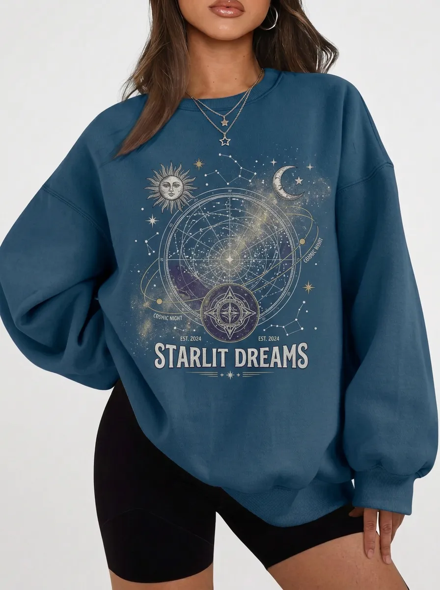 Women's Celestial Starlit Dreams Sun Moon Constellation Printed T-shirt