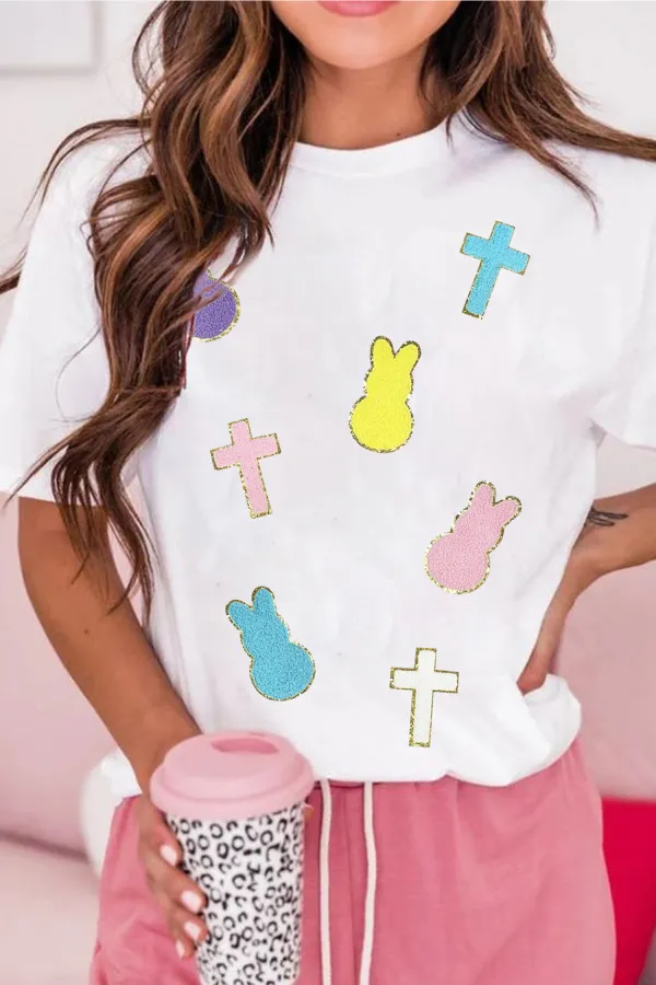 White Chenille Bunny Cross Patch Tee