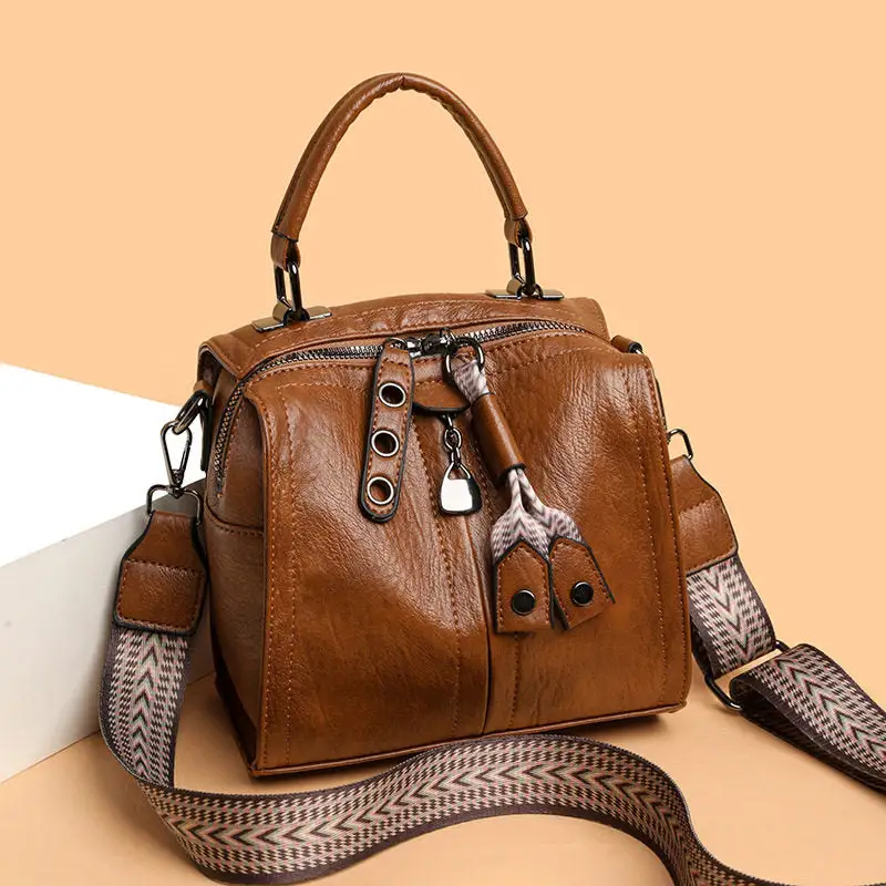 Vintage Boston Bag Leather Shoulder Tote Large Capacity