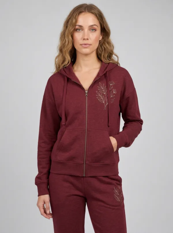 Women's Beige Floral Line Art Embroidered Zip-Up Hoodie Jacket & Straight-Leg Pants Set