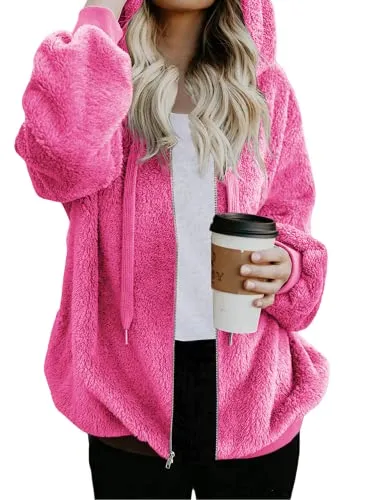 Womens Full Zip Up Sherpa Hoodie Fuzzy Fleece Jacket Oversized Fluffy Coat with Pockets