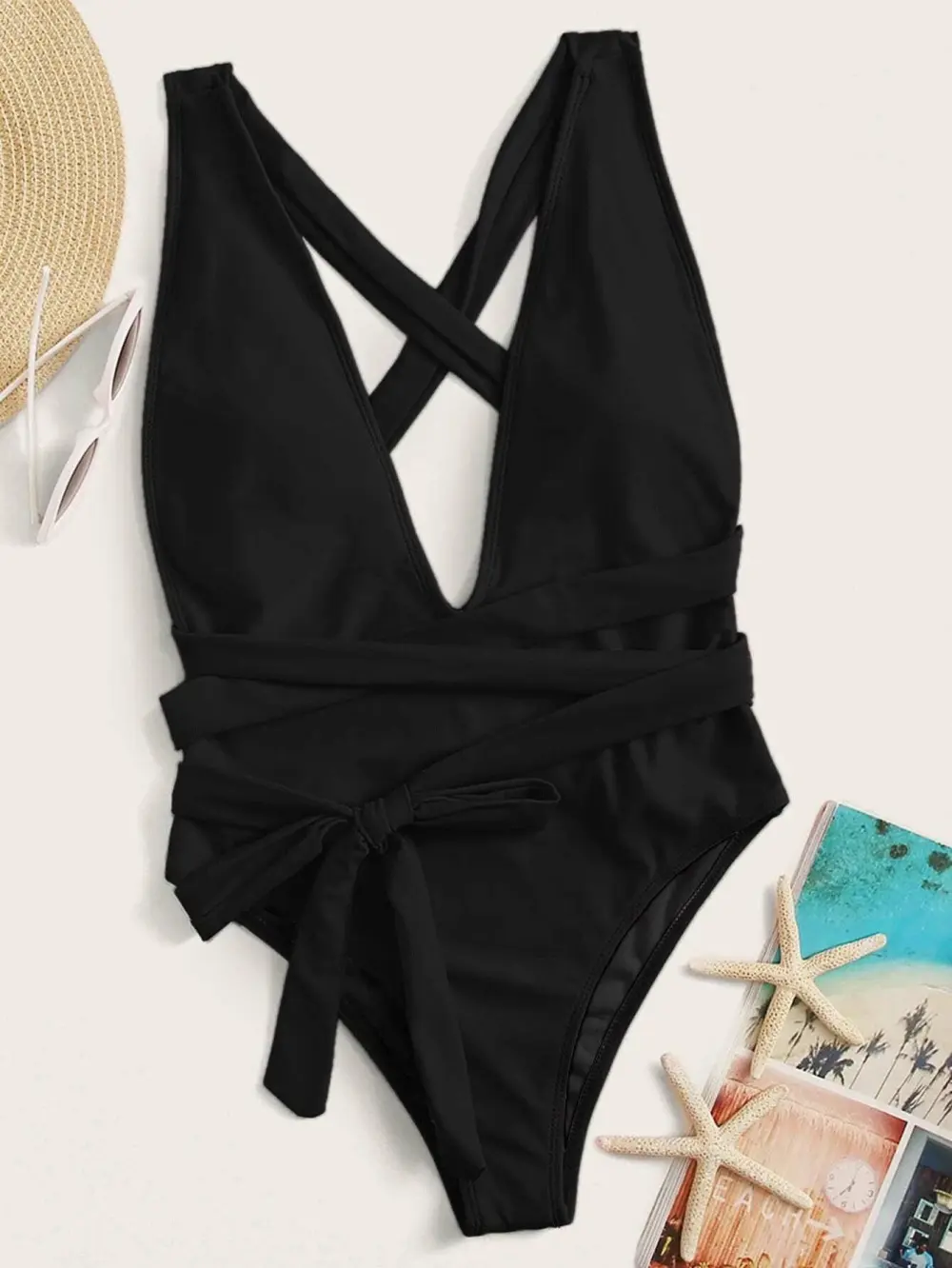 Halter Neck Deep V Tied One Swimsuit
