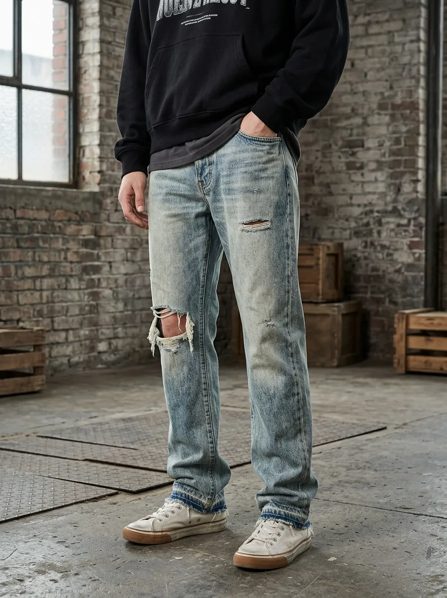 Men's Washed Five Pocket Ripped Jeans