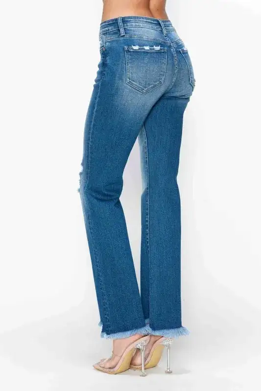 Full Size Raw Hem Distressed Mid Rise Straight Jeans