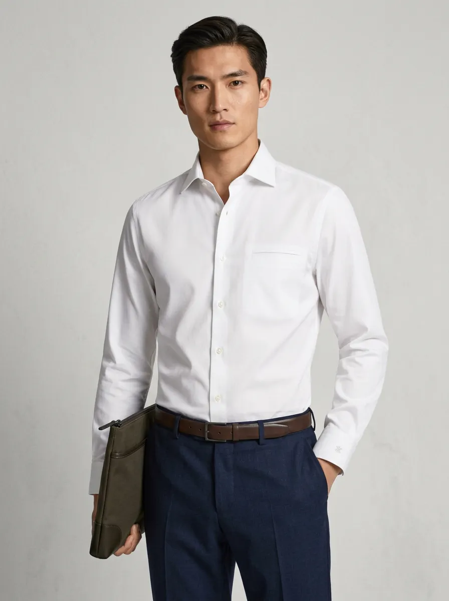 Men's Non-Iron Cotton Solid White Long Sleeve Dress Shirt