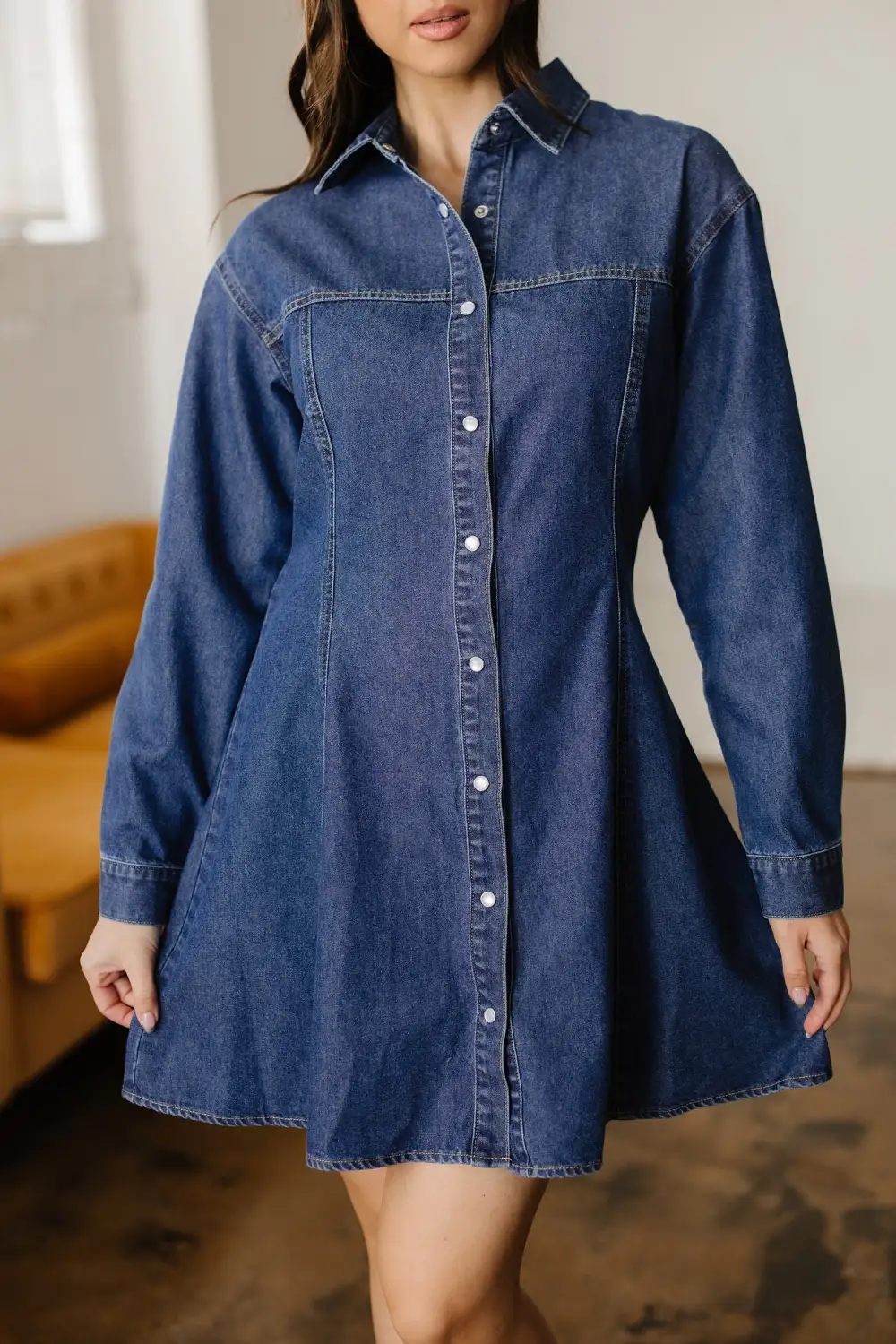 Women's Denim Long Sleeve Flared Mini Dress
