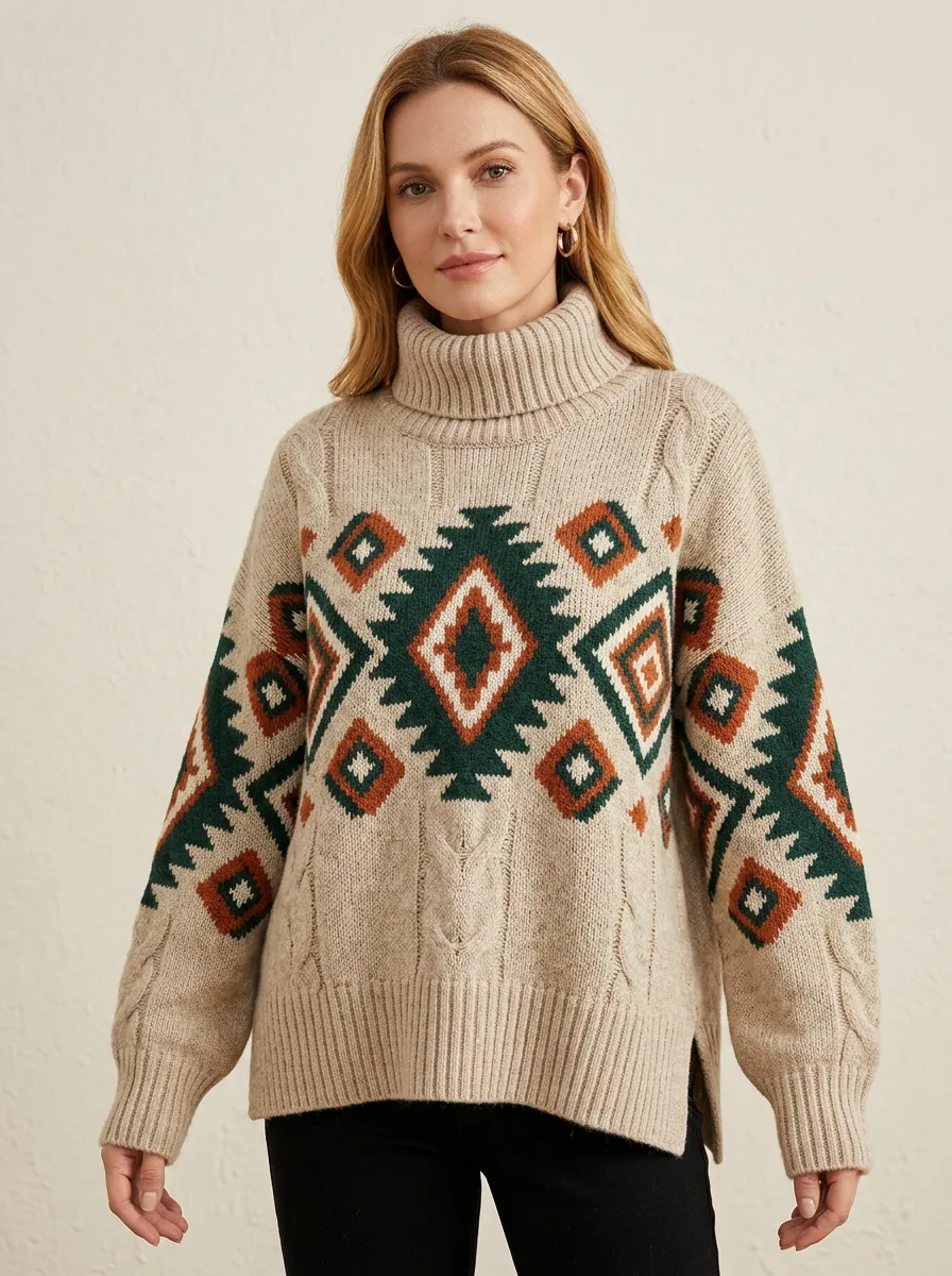 Women's Boho Geometric Pattern Printed Turtleneck Sweater