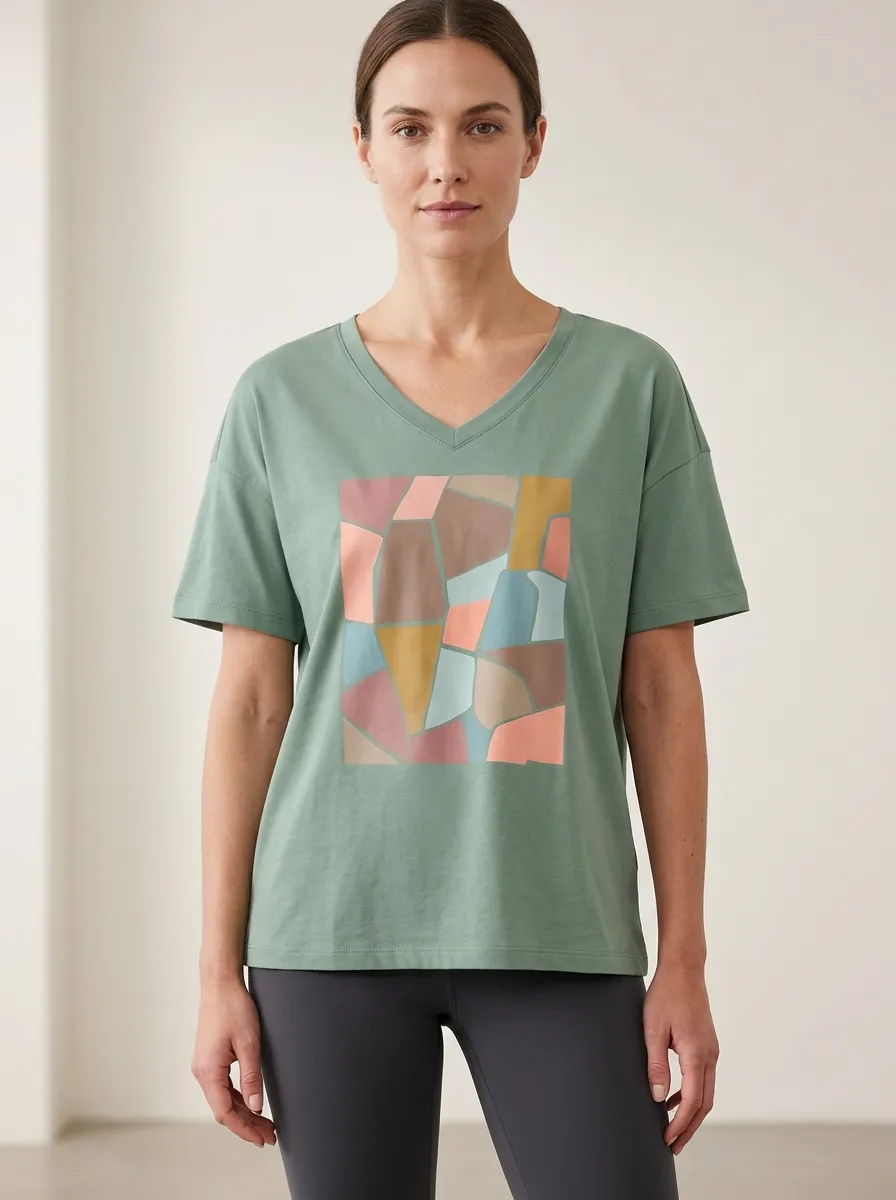 Women's Abstract Geometric Mosaic Printed V-Neck T-Shirt