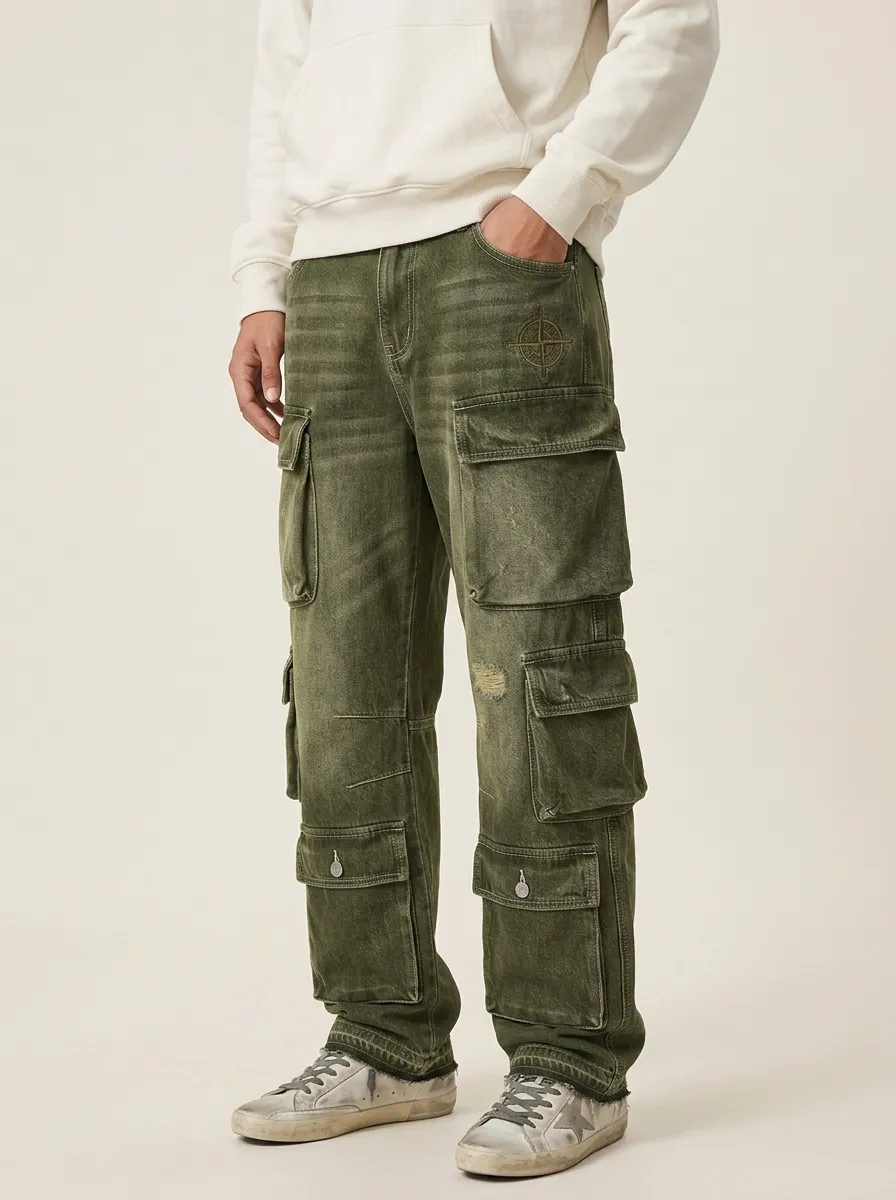 Men's Streetwear Compass Logo Washed Black Printed Cargo Jeans