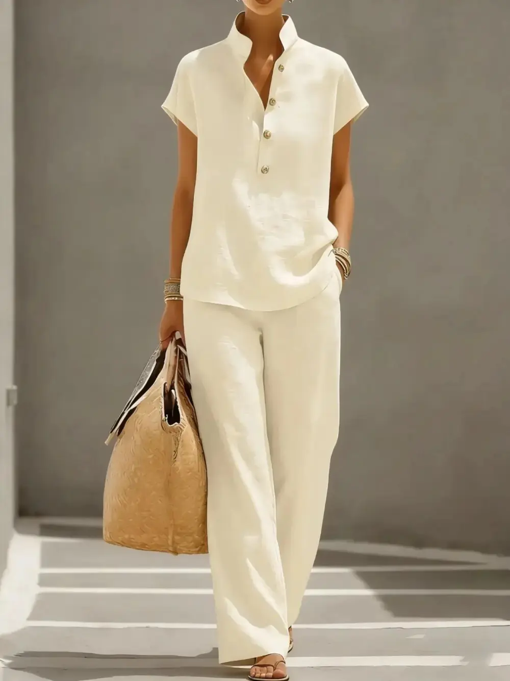 Women's Summer Solid Color Linen Cotton Short Sleeve + Long Pants Set