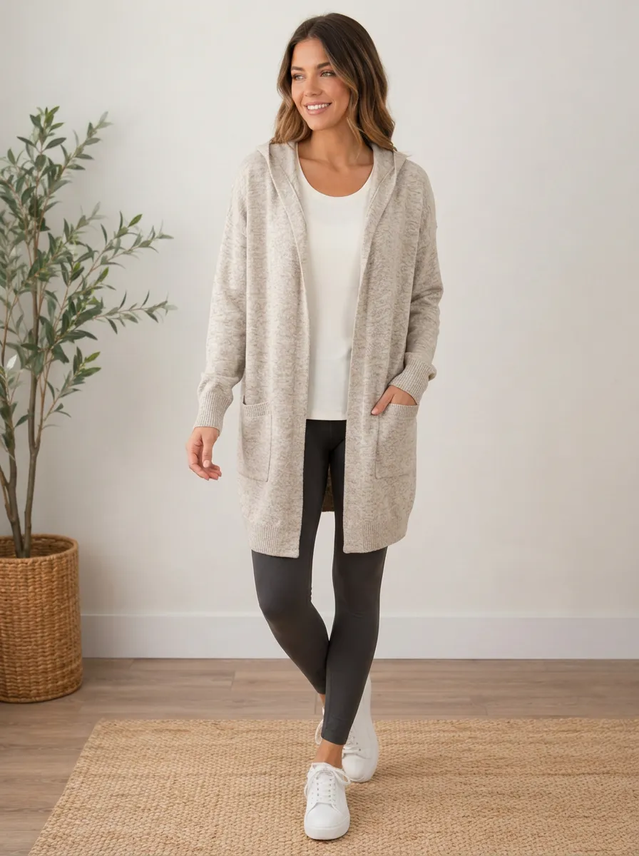 Women's Heathered Hooded Open-Front Cardigan Hooded