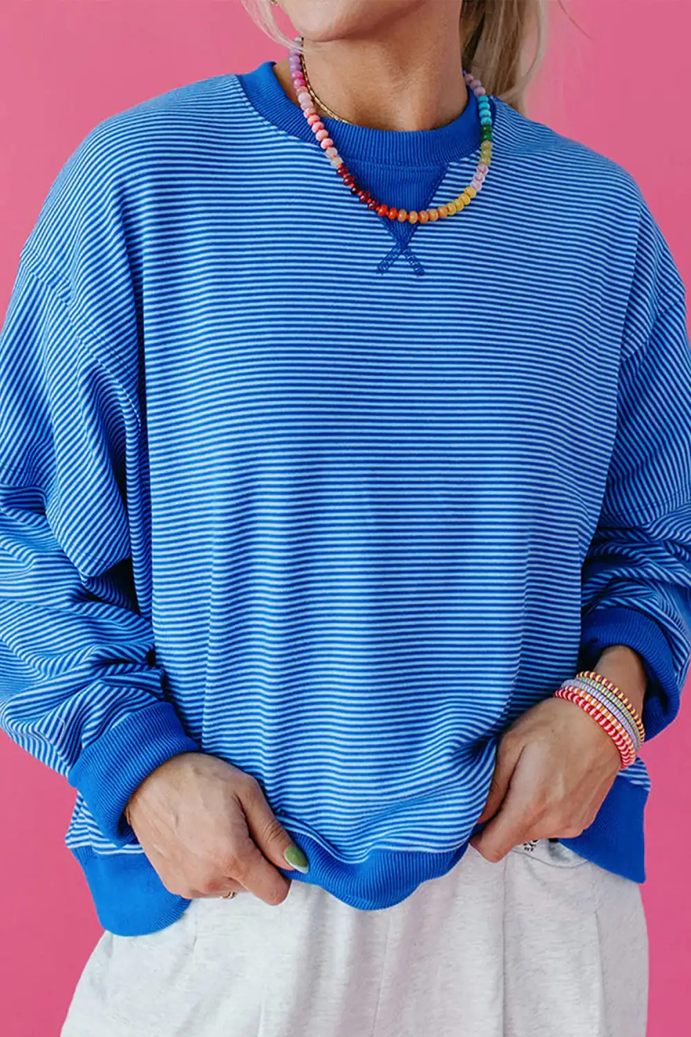 Refined Striped Round Neck Ribbed Relaxed Stretch Fabric Long Sleeve Top