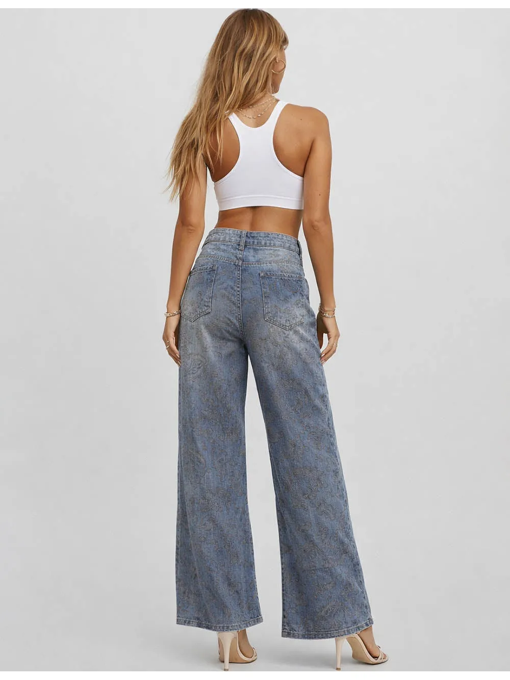 Paisley Jacquard Wide Leg Denim Pants