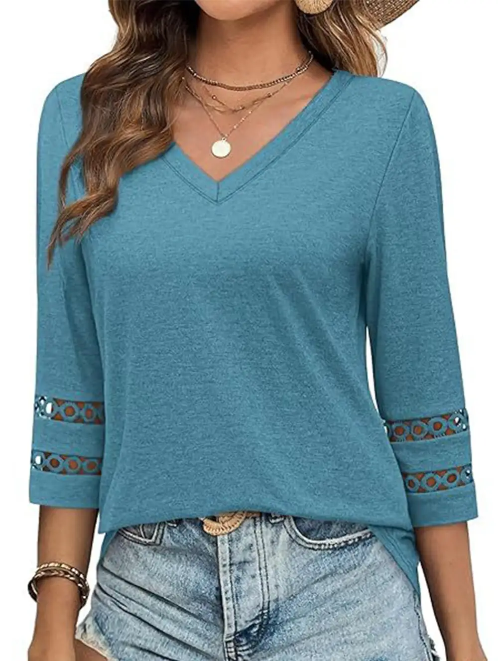 V-Neck Lace Trim Top
