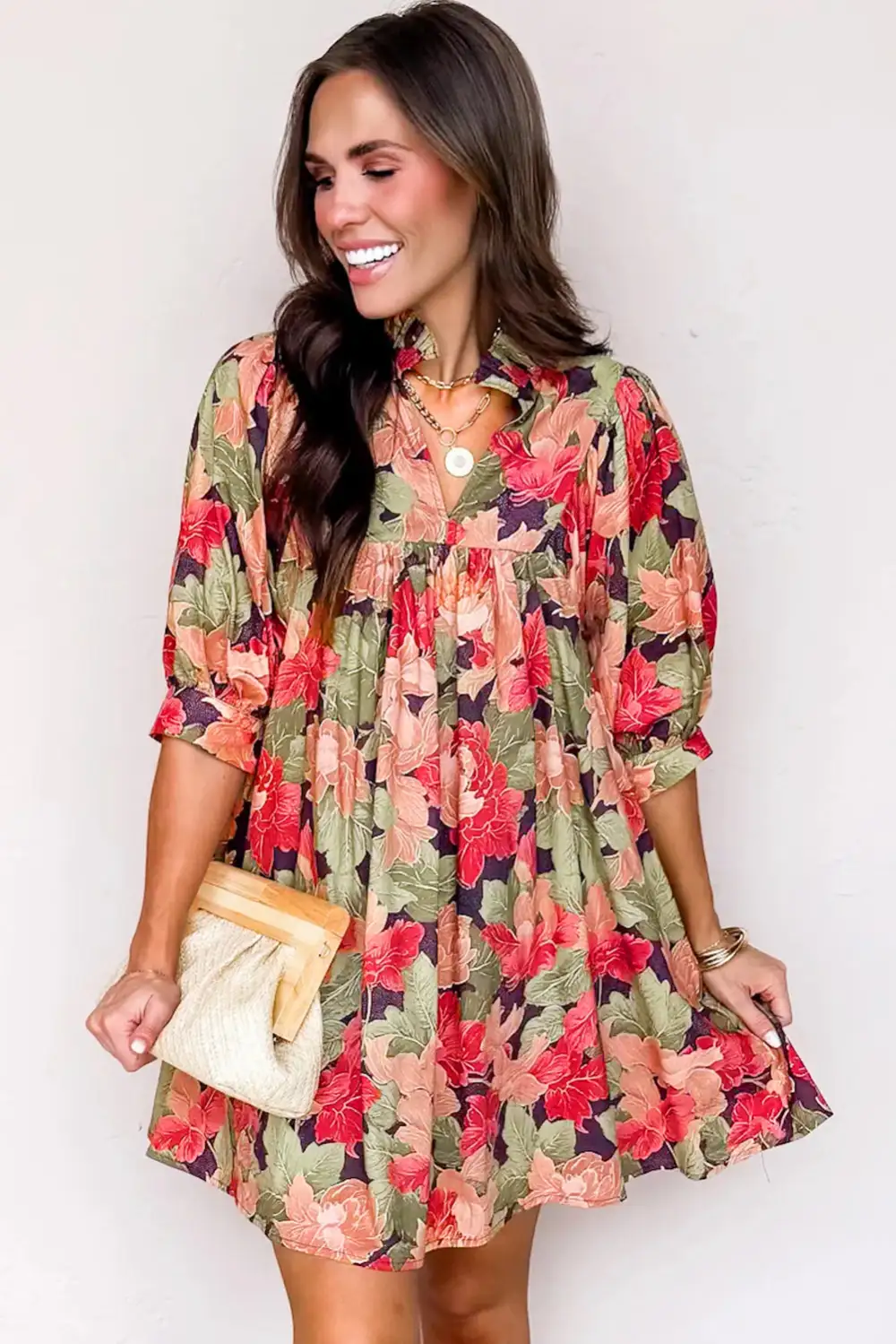 Drape Floral Printed V Neck Mini Dress