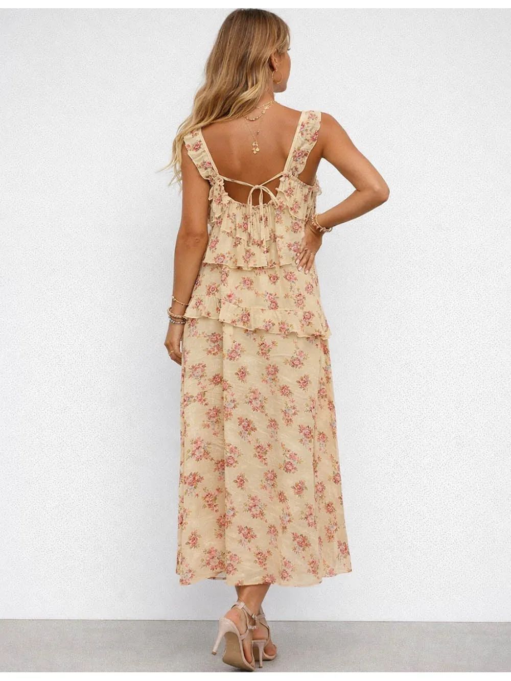 Boho Front Tiered Ruffle Sleeveless Midi Dress