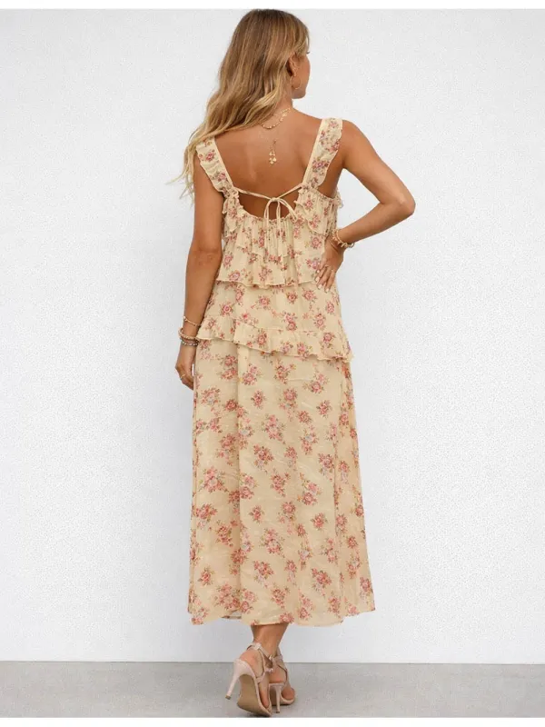 Boho Front Tiered Ruffle Sleeveless Midi Dress
