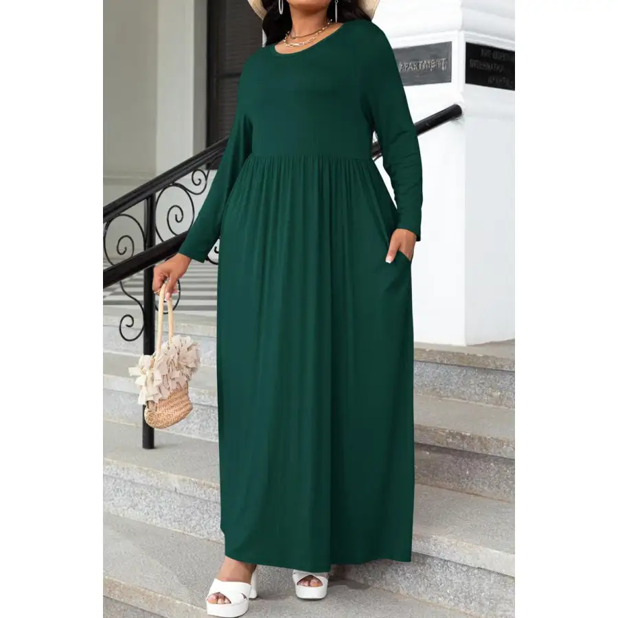 Plus Size Round Neck Long Sleeve Maxi Dress with Pockets