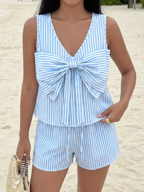 Striped Bowknot Sleeveless Top and Shorts Set