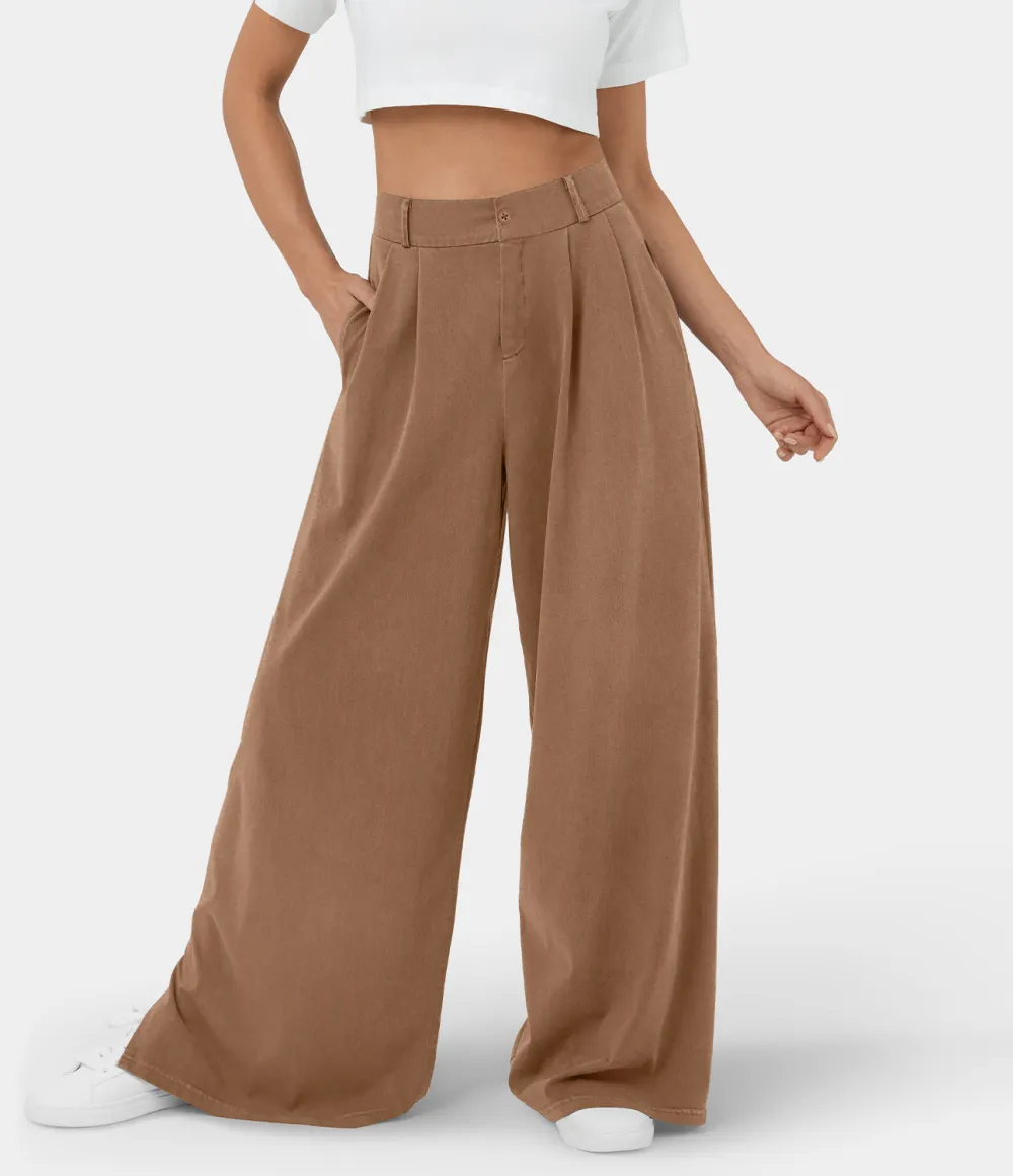 High Waisted Button Zipper Plicated Side Pocket Split Hem Wide Leg Casual Pants