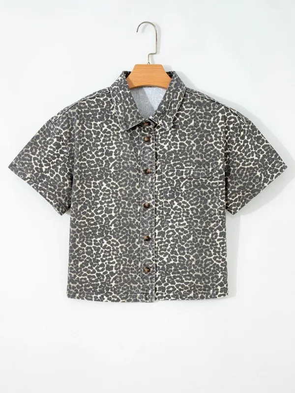 Leopard Print Short-Sleeve Denim Shirt