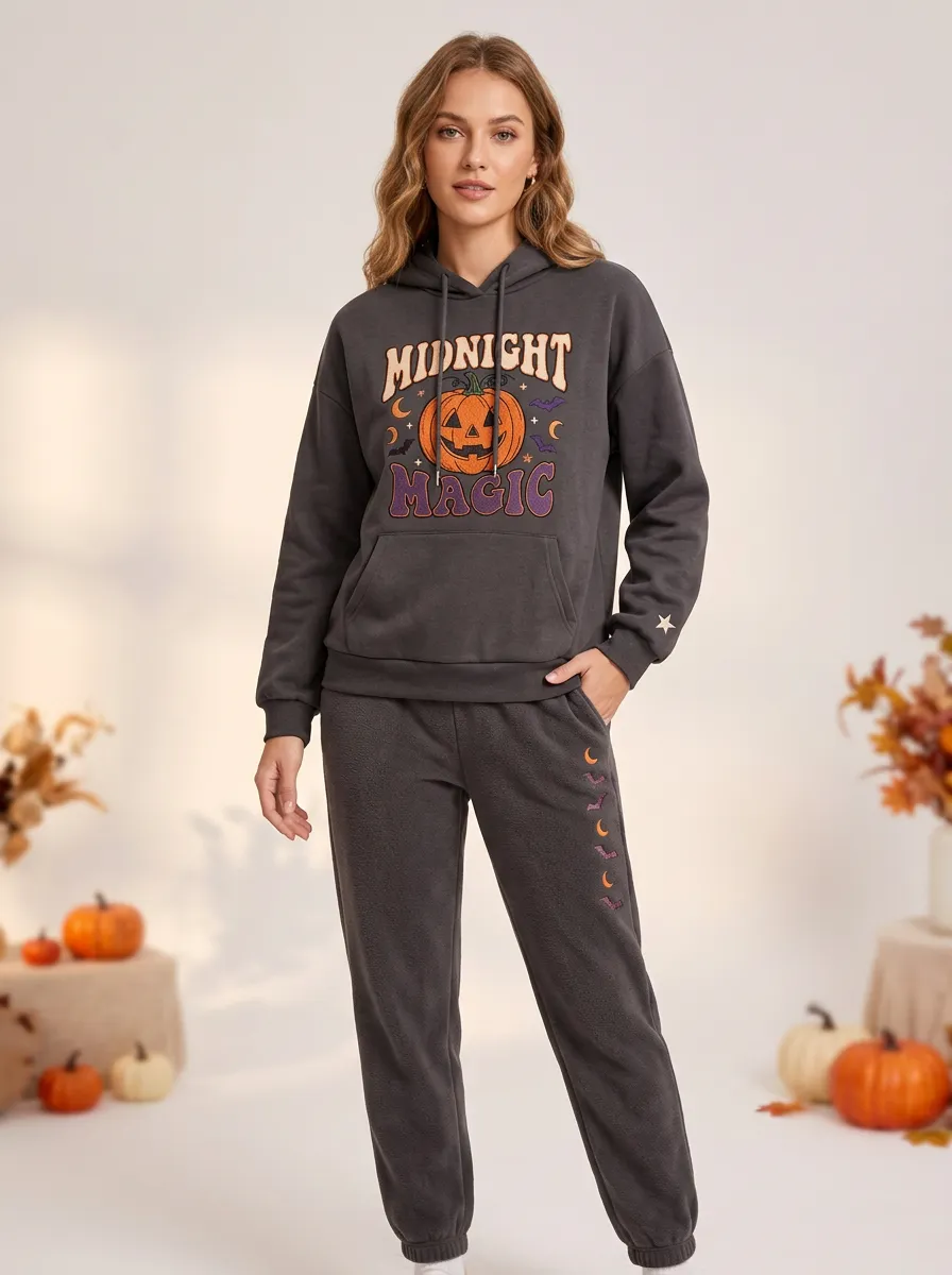 Women's Halloween Charcoal Midnight Magic Pumpkin Moon-Graphic Hoodie Jogger Set